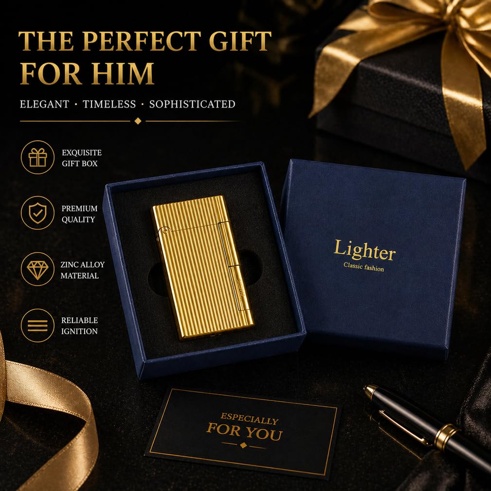 JIANCHEN Classic Metal EngravingButane Lighter, Refillable Soft Flame Flip-Top Lighter with Side Slide Ignition, Pocket Lighter for Daily Use or Gifting,Gold c