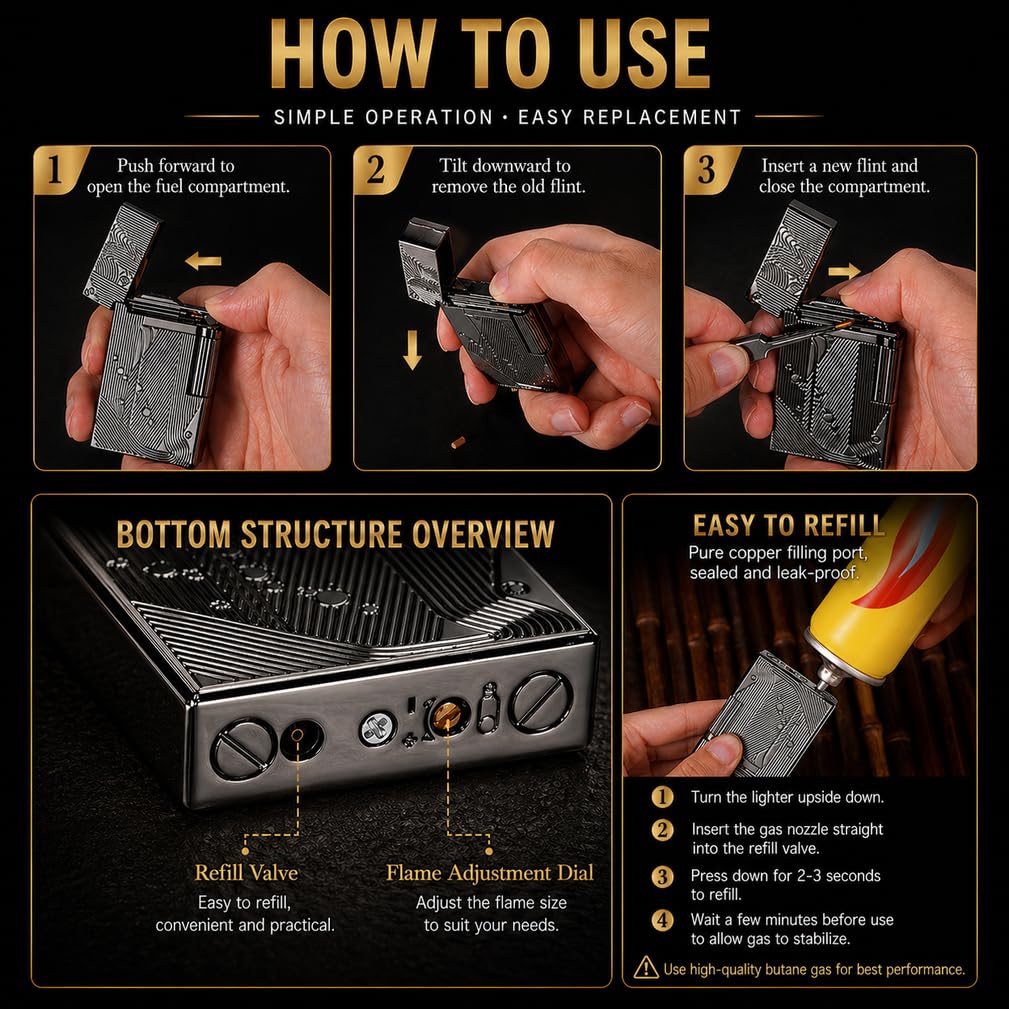 JIANCHEN Classic Metal EngravingButane Lighter, Refillable Soft Flame Flip-Top Lighter with Side Slide Ignition, Pocket Lighter for Daily Use or Gifting,Gold c
