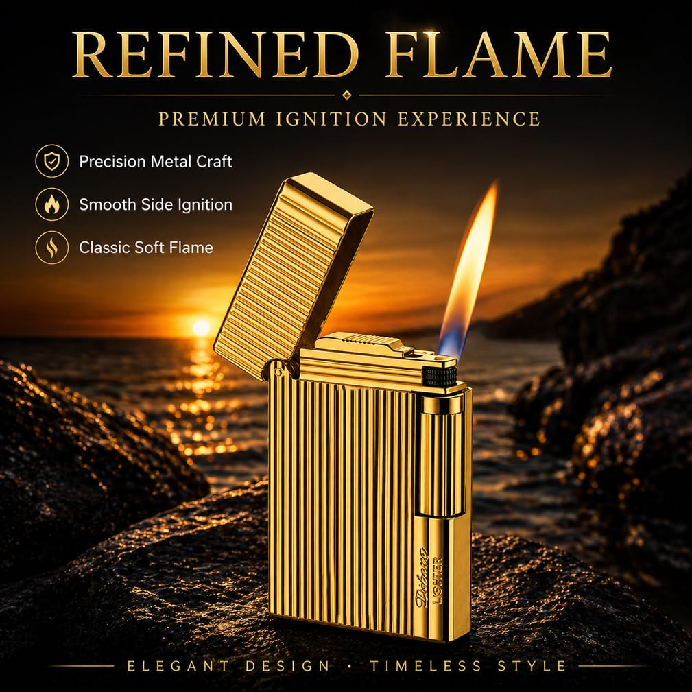 JIANCHEN Classic Metal EngravingButane Lighter, Refillable Soft Flame Flip-Top Lighter with Side Slide Ignition, Pocket Lighter for Daily Use or Gifting,Gold c