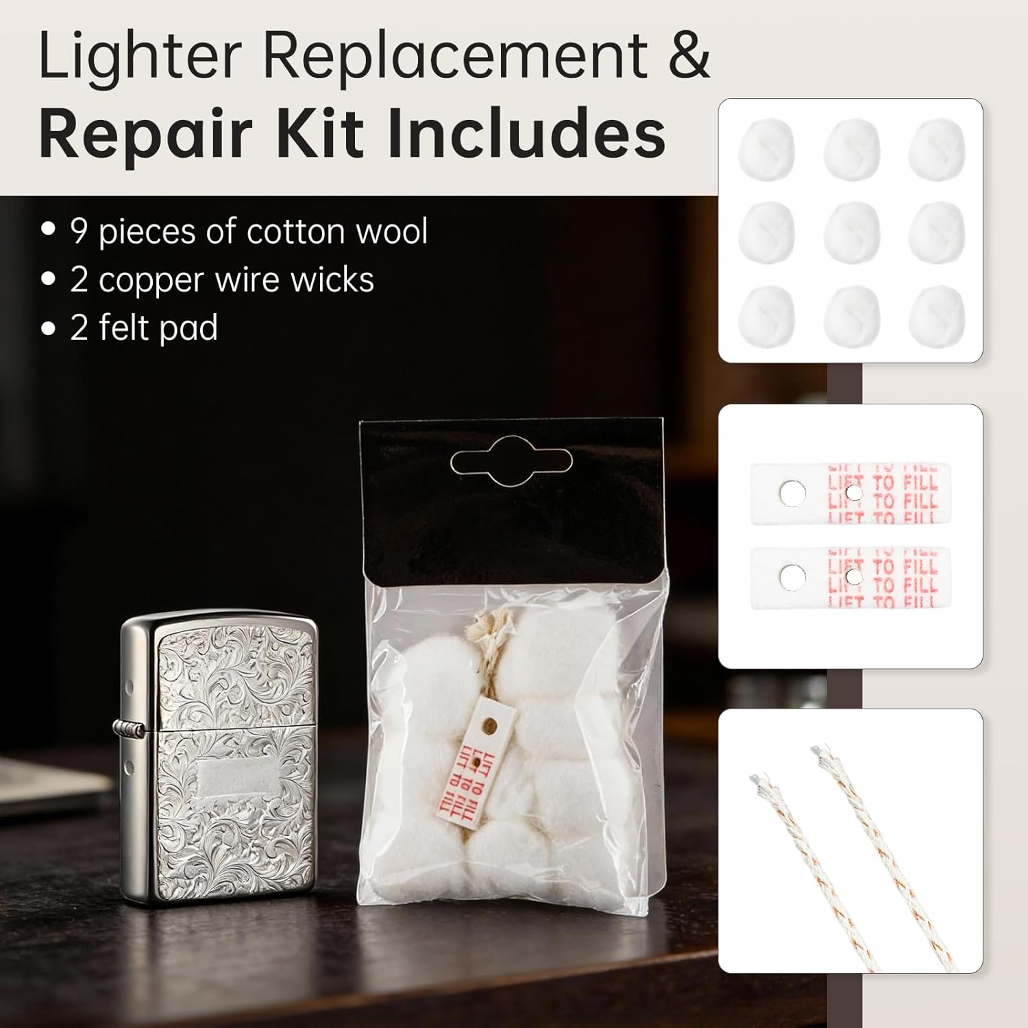 Cotton Compatible with Zippo Lighter,2 Pack,Replacement Parts Comaptible with Zippo Accessories(Cotton,Felt Pad,Wick)