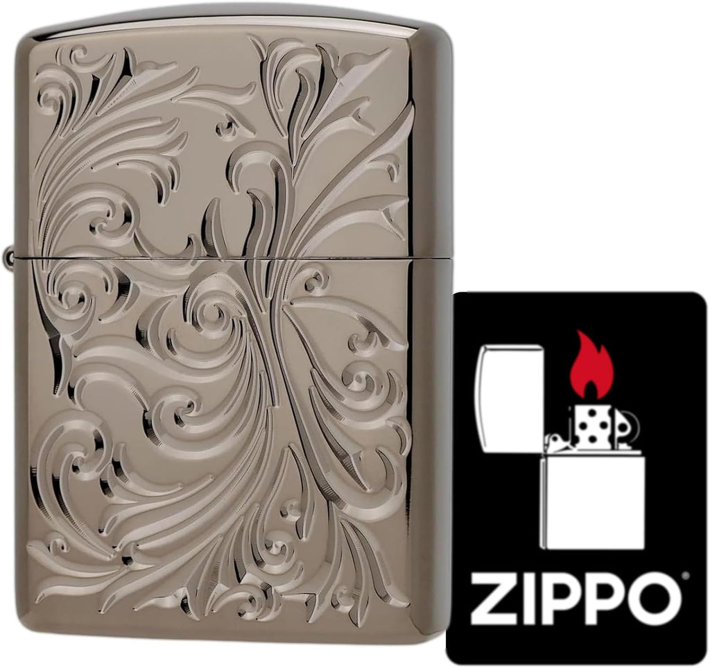 Zippo Oil Lighter, Flint Armor, Botanical, Double-Sided, Carved, Titanium Coating, Black, Stylish, Leaf, Special Sticker Included, Botanical TC(B)