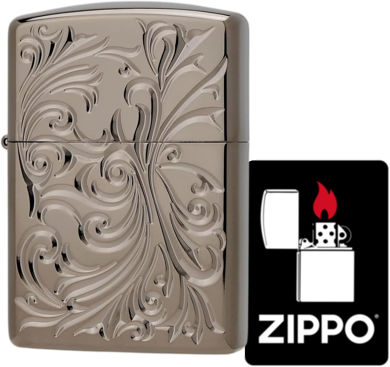 Zippo Oil Lighter, Flint Armor, Botanical, Double-Sided, Carved, Titanium Coating, Black, Stylish, Leaf, Special Sticker Included, Botanical TC(B)