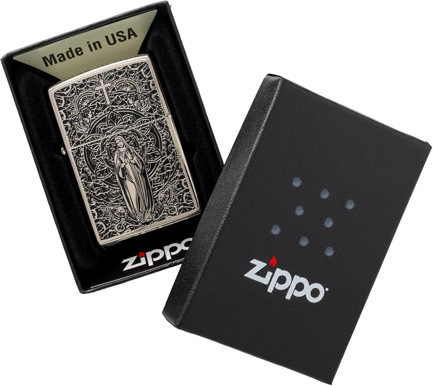 Zippo Oil Lighter Flint with Special Sticker Virgin Lady Divine Amulet Silver with Serial No. Surface Treatment BM(S) Mary WN