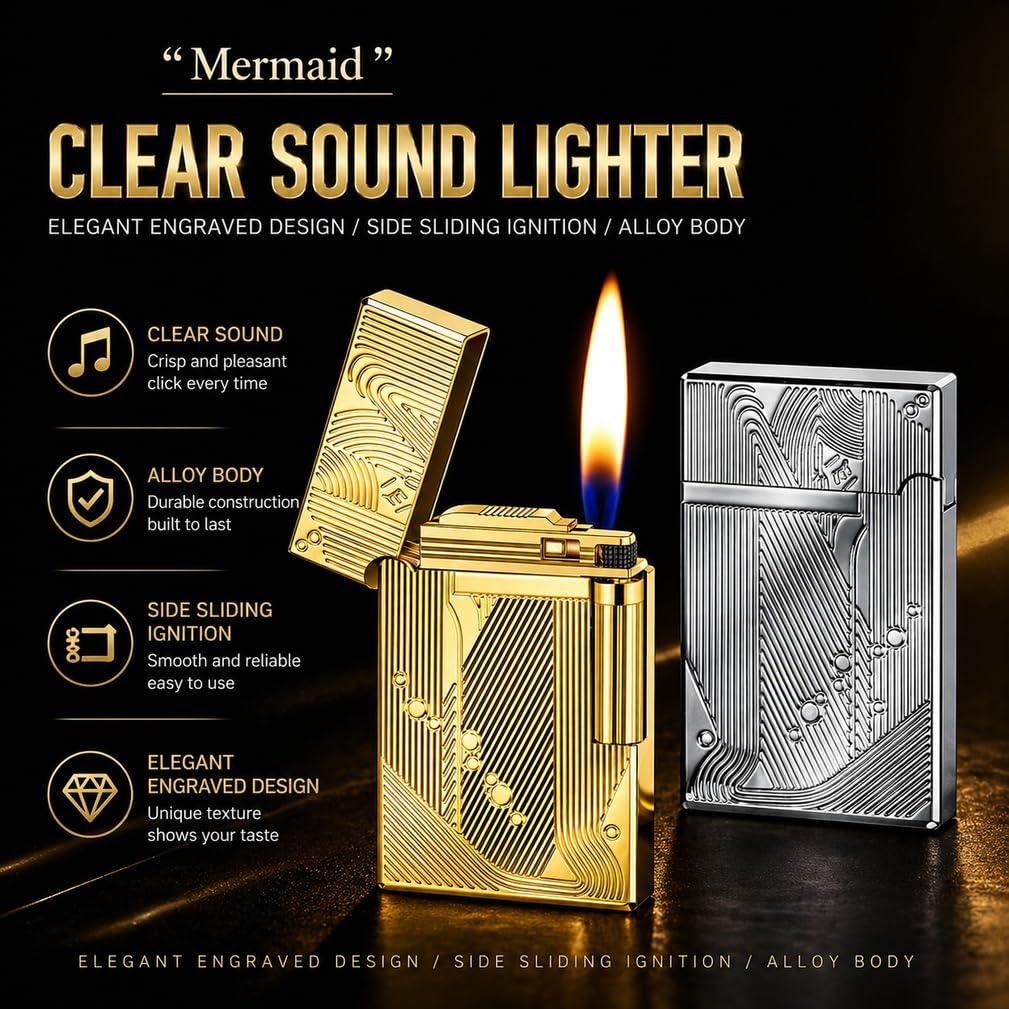JIANCHEN Classic Metal EngravingButane Lighter, Refillable Soft Flame Flip-Top Lighter with Side Slide Ignition, Pocket Lighter for Daily Use or Gifting,Gold c