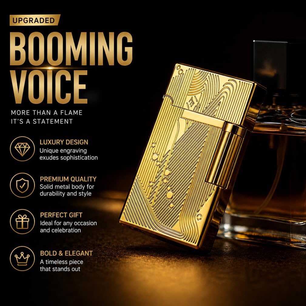 JIANCHEN Classic Metal EngravingButane Lighter, Refillable Soft Flame Flip-Top Lighter with Side Slide Ignition, Pocket Lighter for Daily Use or Gifting,Gold c