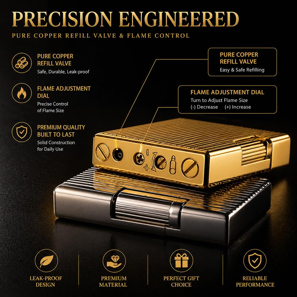 JIANCHEN Classic Metal EngravingButane Lighter, Refillable Soft Flame Flip-Top Lighter with Side Slide Ignition, Pocket Lighter for Daily Use or Gifting,Gold c