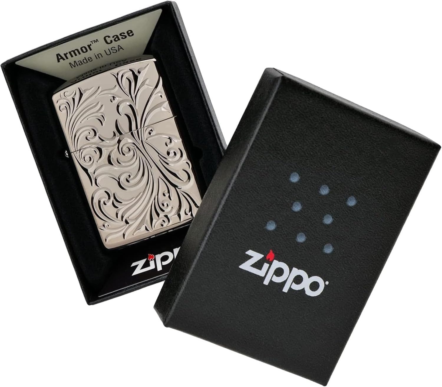 Zippo Oil Lighter, Flint Armor, Botanical, Double-Sided, Carved, Titanium Coating, Black, Stylish, Leaf, Special Sticker Included, Botanical TC(B)