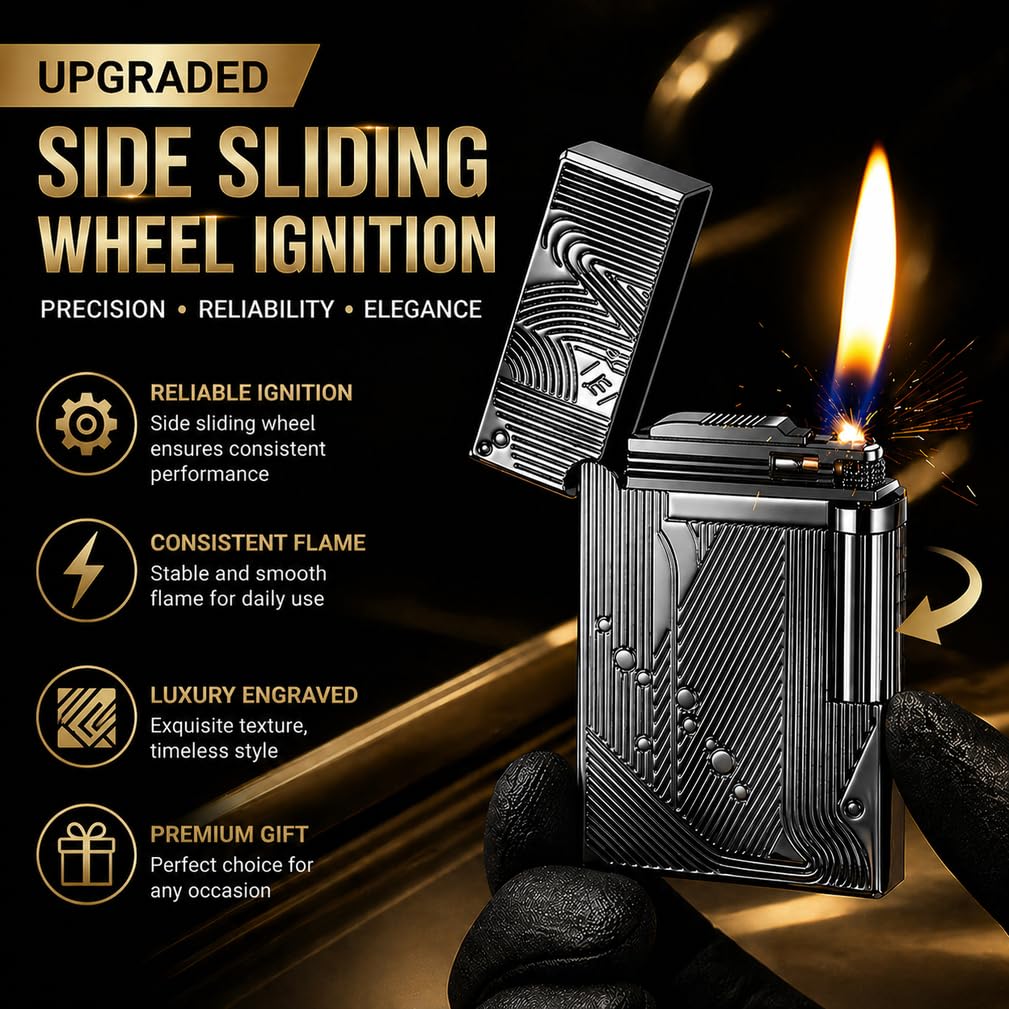 JIANCHEN Classic Metal EngravingButane Lighter, Refillable Soft Flame Flip-Top Lighter with Side Slide Ignition, Pocket Lighter for Daily Use or Gifting,Gold c