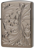 Zippo Oil Lighter, Flint Armor, Botanical, Double-Sided, Carved, Titanium Coating, Black, Stylish, Leaf, Special Sticker Included, Botanical TC(B)