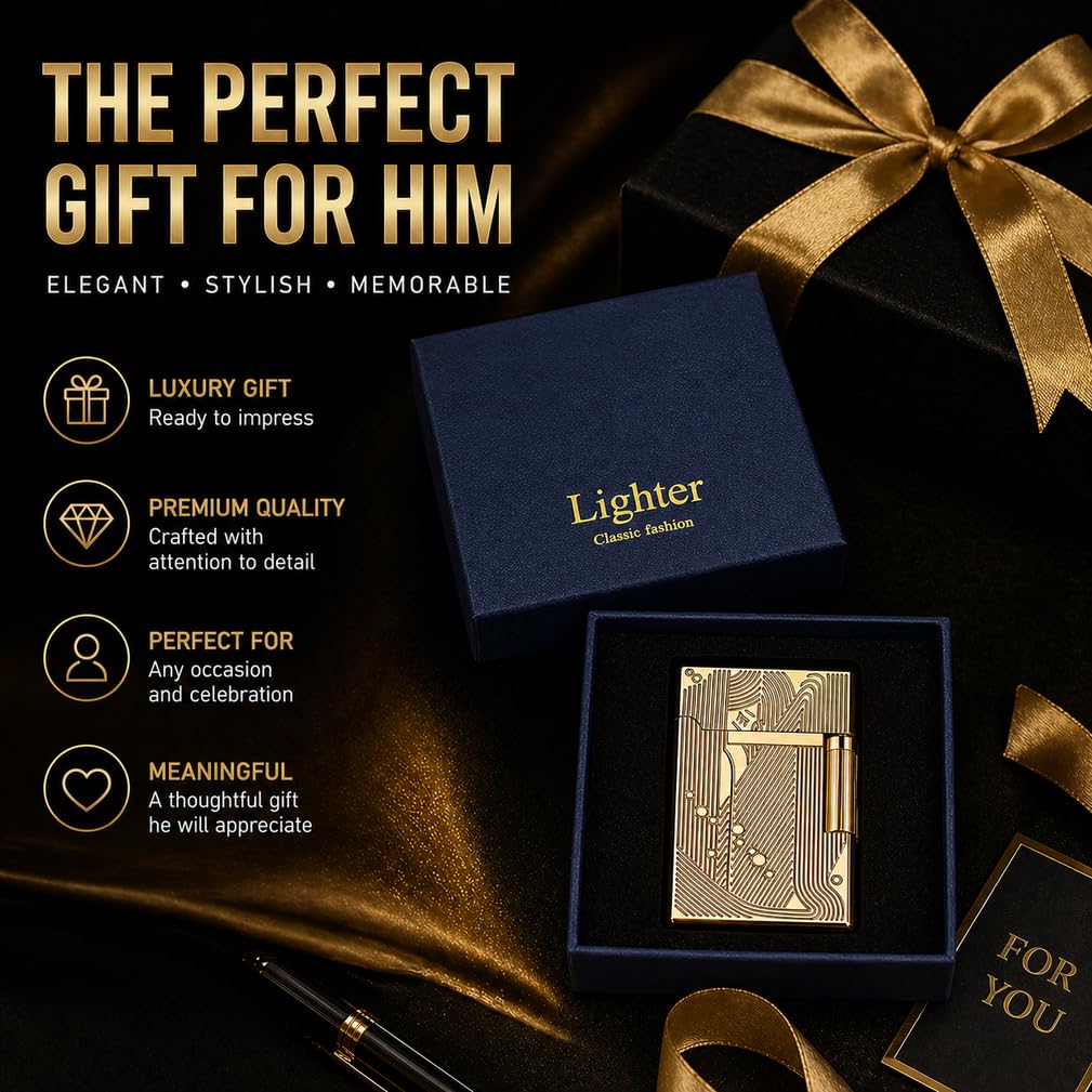 JIANCHEN Classic Metal EngravingButane Lighter, Refillable Soft Flame Flip-Top Lighter with Side Slide Ignition, Pocket Lighter for Daily Use or Gifting,Gold c