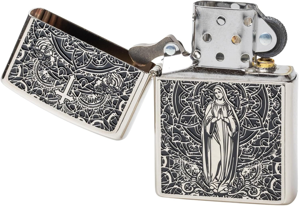 Zippo Oil Lighter Flint with Special Sticker Virgin Lady Divine Amulet Silver with Serial No. Surface Treatment BM(S) Mary WN