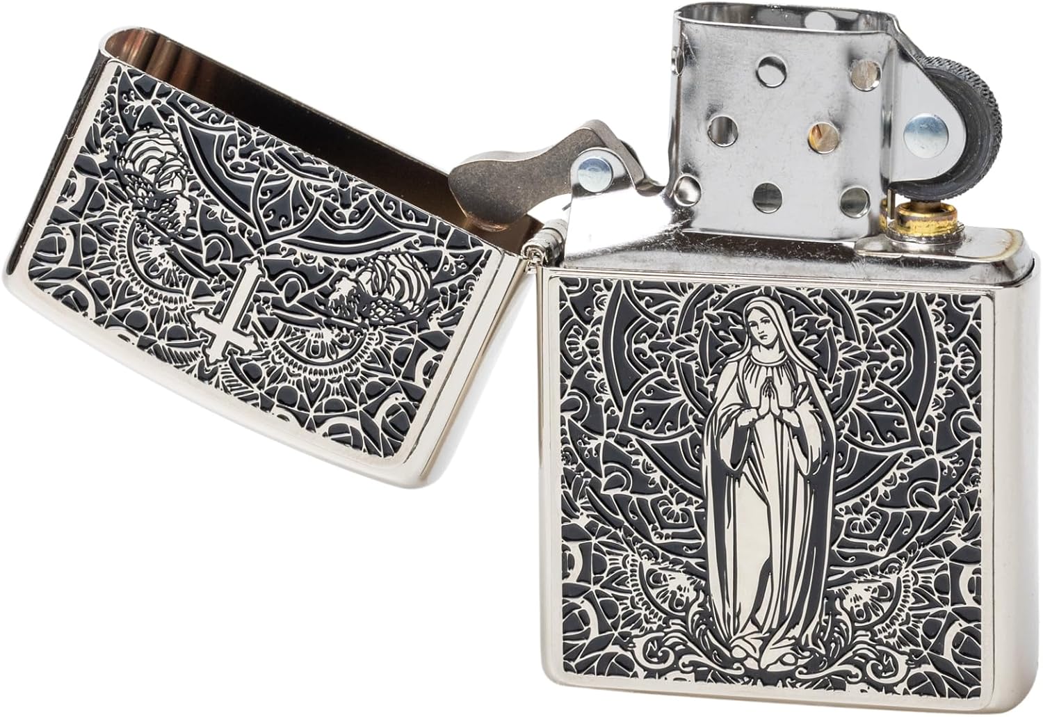 Zippo Oil Lighter Flint with Special Sticker Virgin Lady Divine Amulet Silver with Serial No. Surface Treatment BM(S) Mary WN