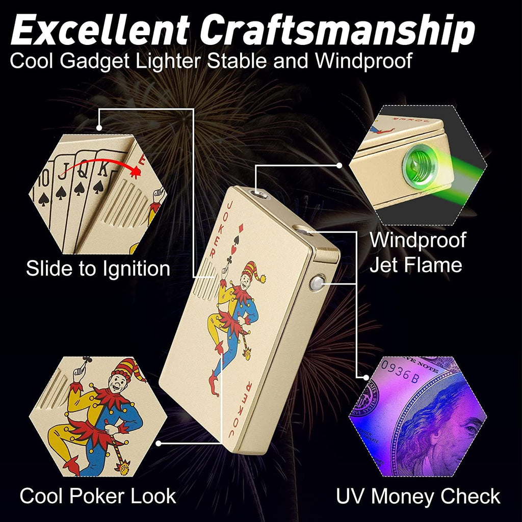 Jet Torch Lighter, 2 Pack, Green+Red Flame Ace Card Lighter, Cool Lighter Windproof Poker Design, Refillable Butane, for Outdoor, Indoor, Camping, BBQ, Candle, Birthday, Gift (Without Gas)