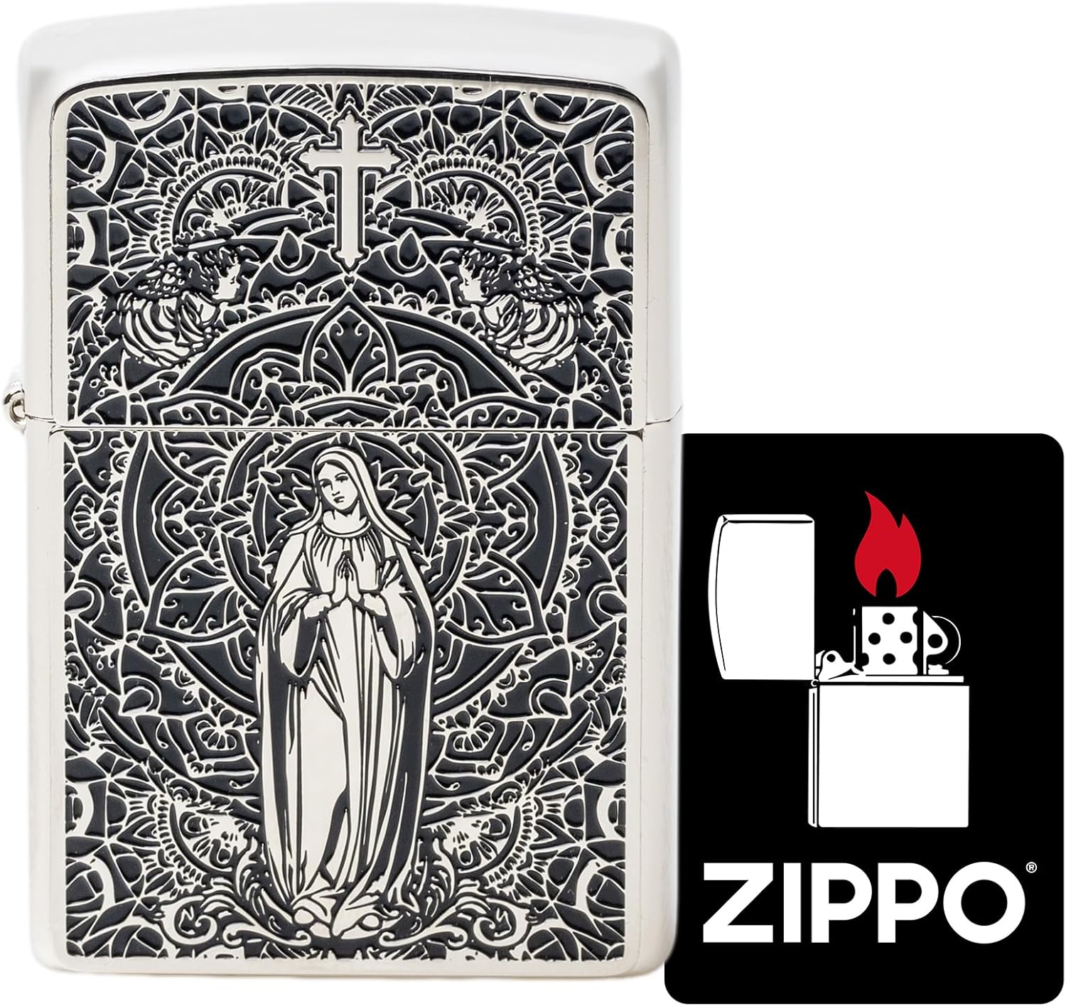 Zippo Oil Lighter Flint with Special Sticker Virgin Lady Divine Amulet Silver with Serial No. Surface Treatment BM(S) Mary WN